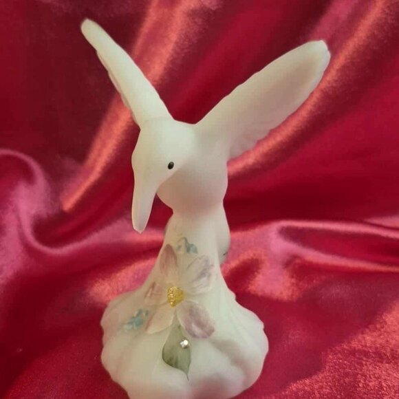 Fenton Hummingbird Opal Satin Glass Figurine Hand-Painted with Crystal Dewdrops